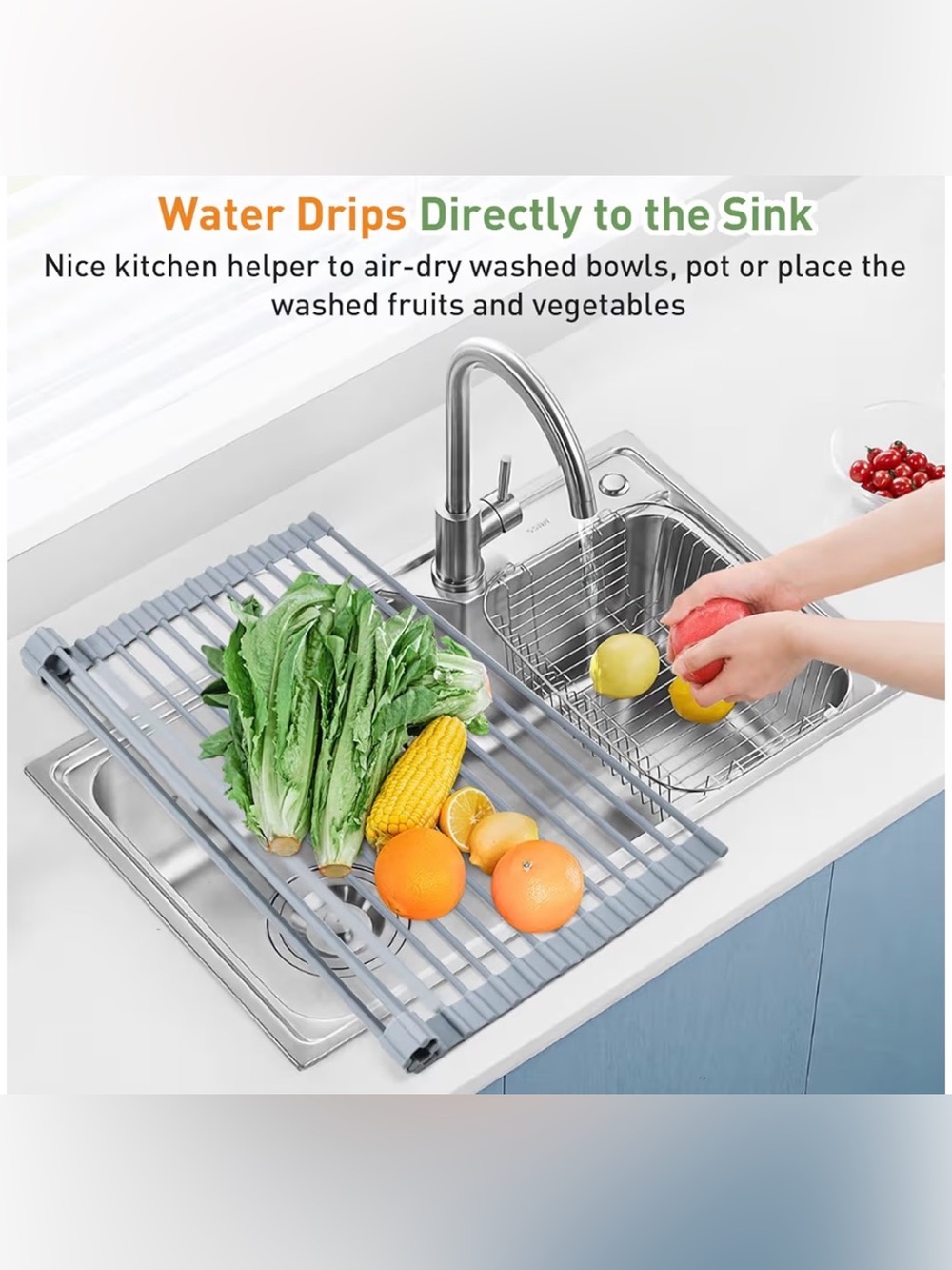 Roll Up Over Sink Dish Drying Rack Gray Silicone Non-Slip Heat Resistant - Picture 8 of 10